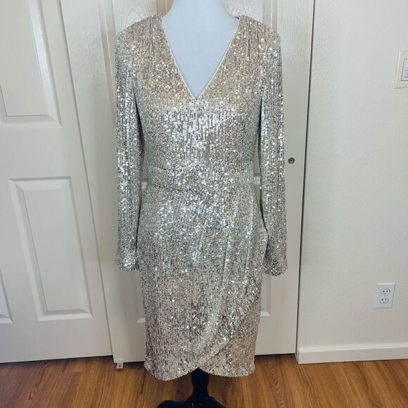 Calvin Klein Long Sleeve Faux Wrap Sequin Knee Length Dress Champagne Beige Gold - Picture 13 of 13